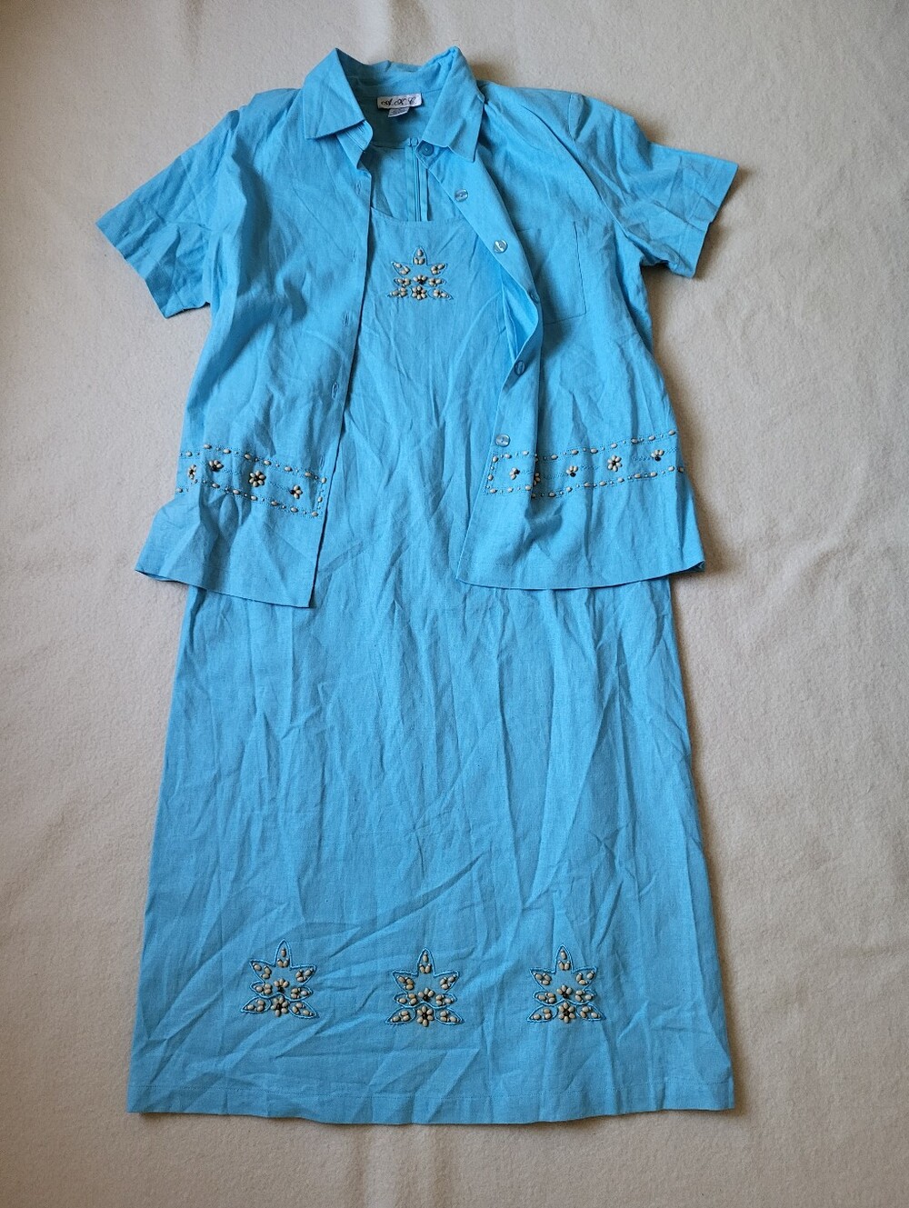 2 Piece Set Tank Dress & Button Front Blouse Women's Size L Aqua Blue Linen
